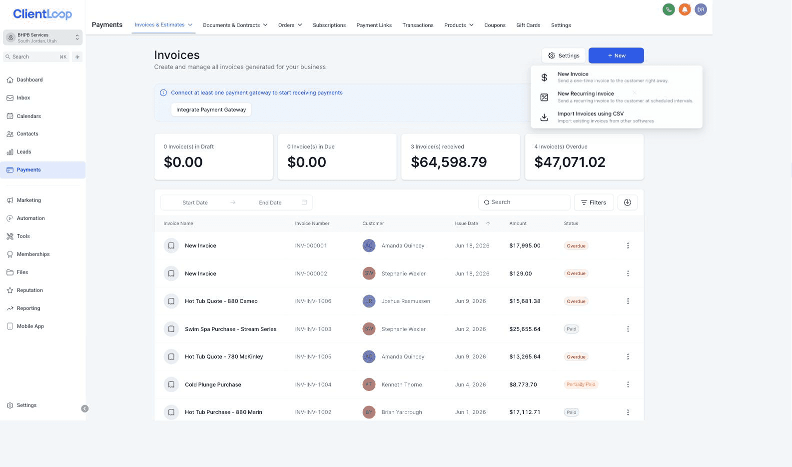 The New menu — one-time invoice, recurring invoice, or import