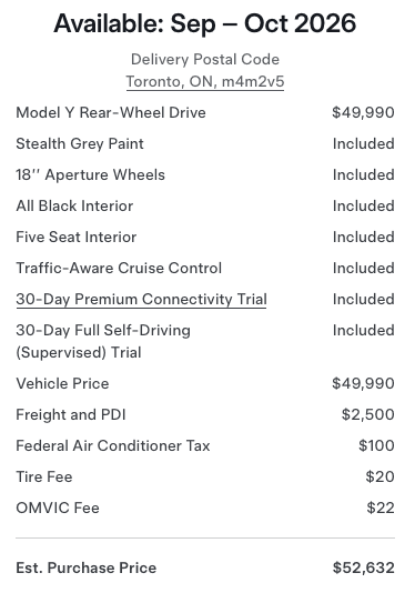 The image displays a car purchase summary listing for a Model Y Rear-Wheel Drive, priced at 49,990, with features like 18" aero wheels, all-black interior, included five-seat interior, and traffic-aware cruise control, with an estimated purchase price of 52,632, available September to October 2026 in Toronto, ON.