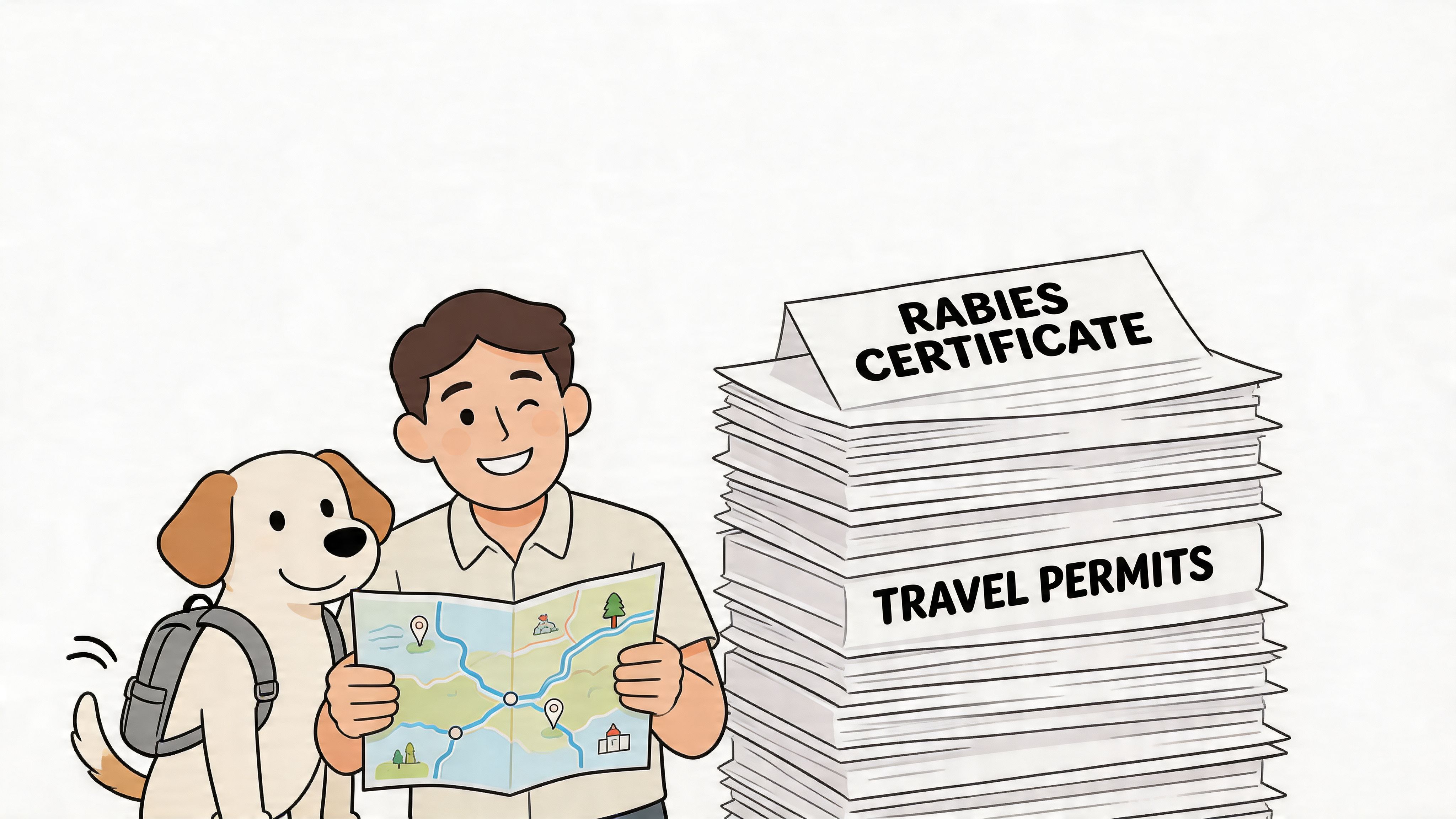 A happy man holding a map standing next to his dog and a large stack of documents.