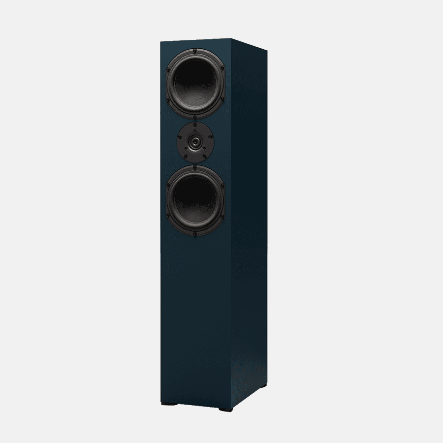 Tall dark blue speaker with two woofers and one tweeter