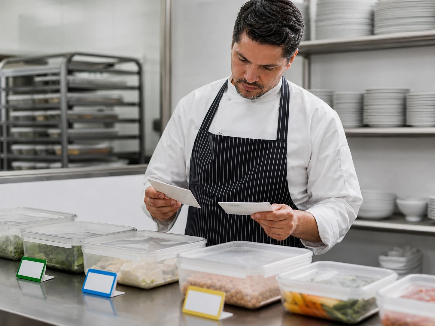 Chef conferindo informações de preparações alimentares em cozinha profissional