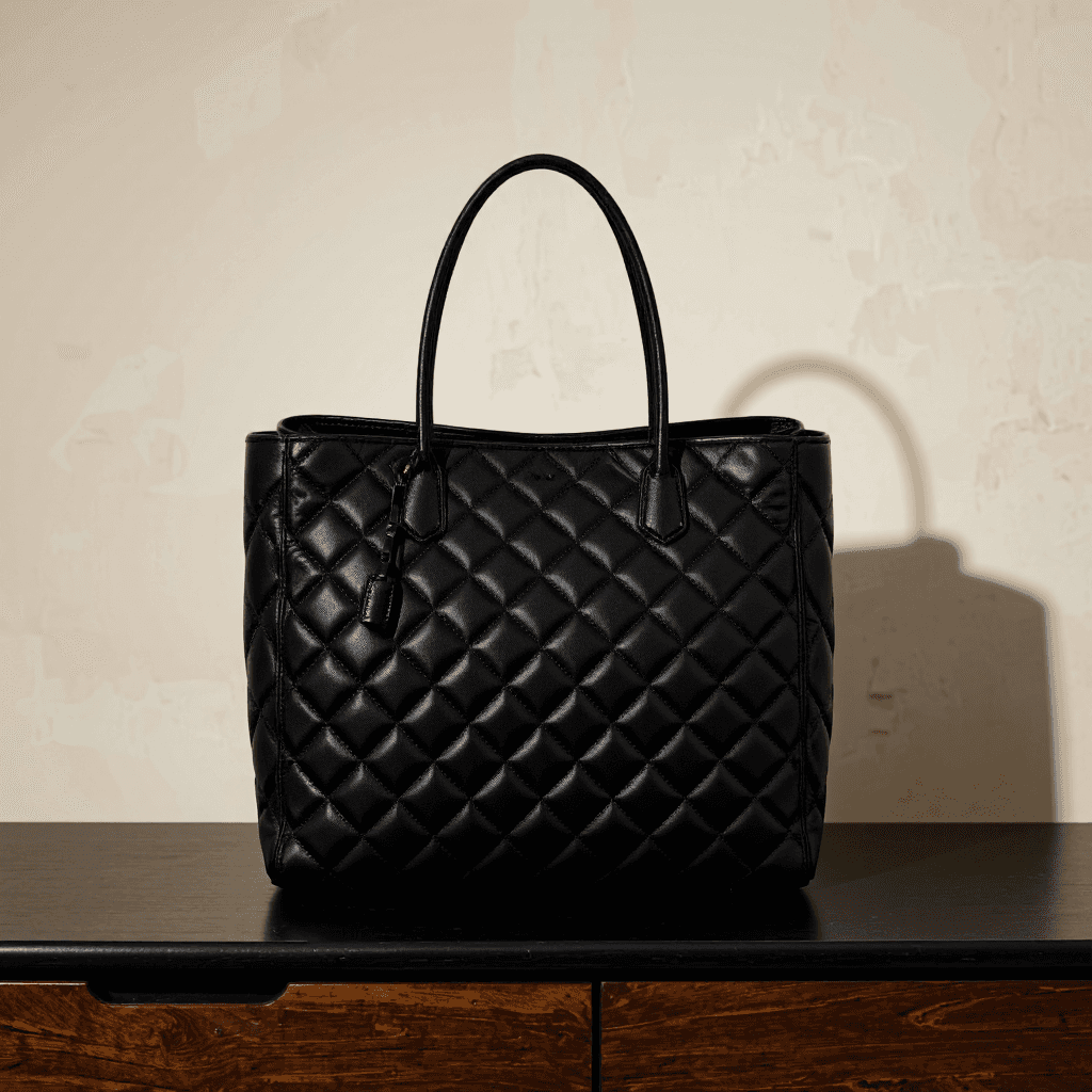 product photography of a handbag made of shiny black leather with a quilted design