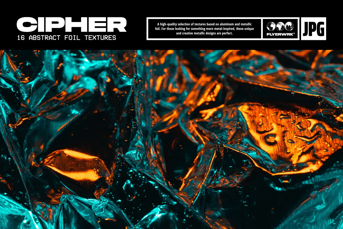 Cipher abstract metal foil texture with vibrant teal and orange reflective lighting on crumpled aluminum surface