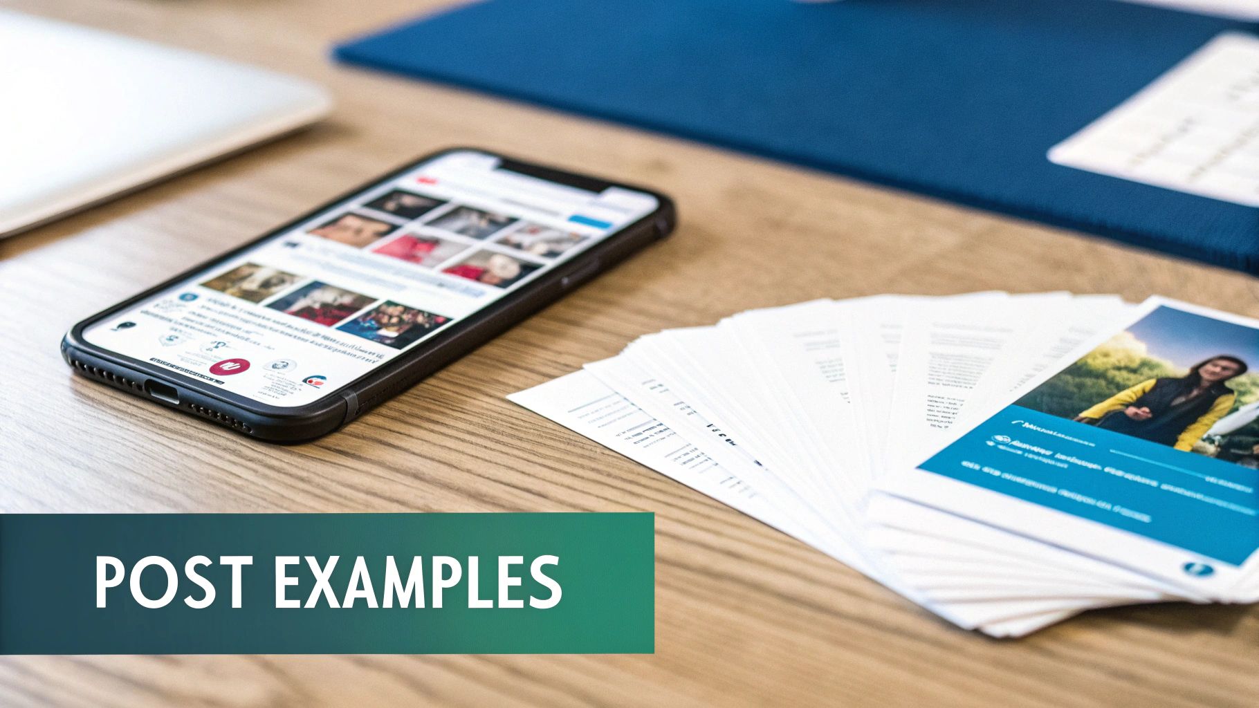 A person typing on a laptop with a creative overlay of LinkedIn post examples and AI icons.