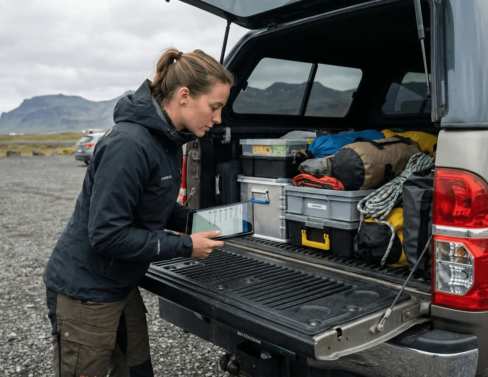 Woman organizing equipment boxes in the back of a pickup truck.