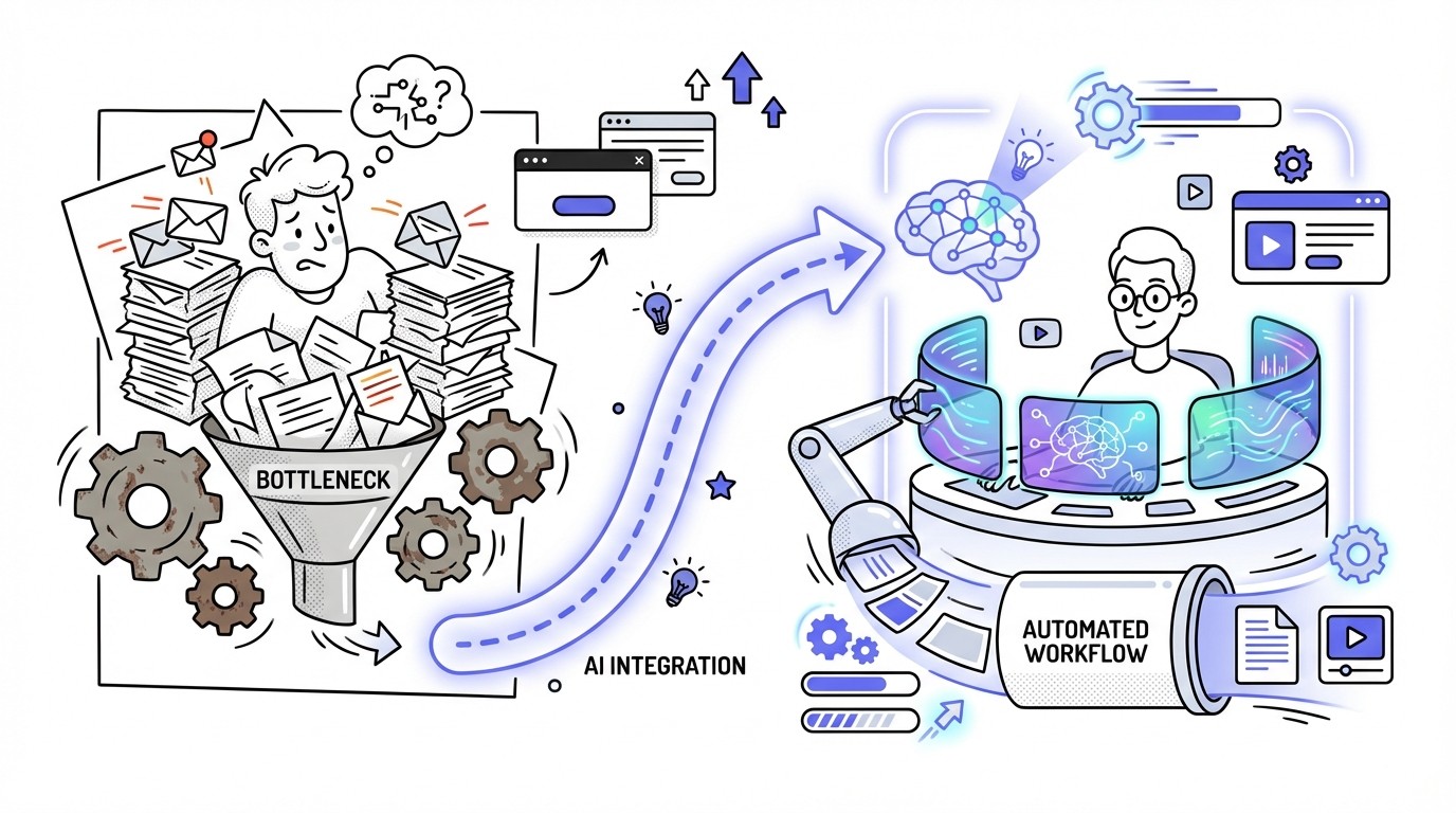 An illustration showing a transition from a chaotic, manual content bottleneck to an efficient, AI-powered content workflow. The left side depicts a cluttered desk, stressed person, and a narrow pipe, while the right side shows flowing data, AI icons, a calm person, and a wide, open pipeline.