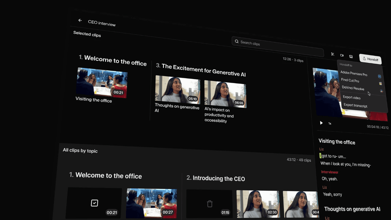 Selects by Cutback's UI showcasing stringout creation and handing off into NLEs like Adobe Premiere Pro, DaVinci Resolve, and Final Cut Pro