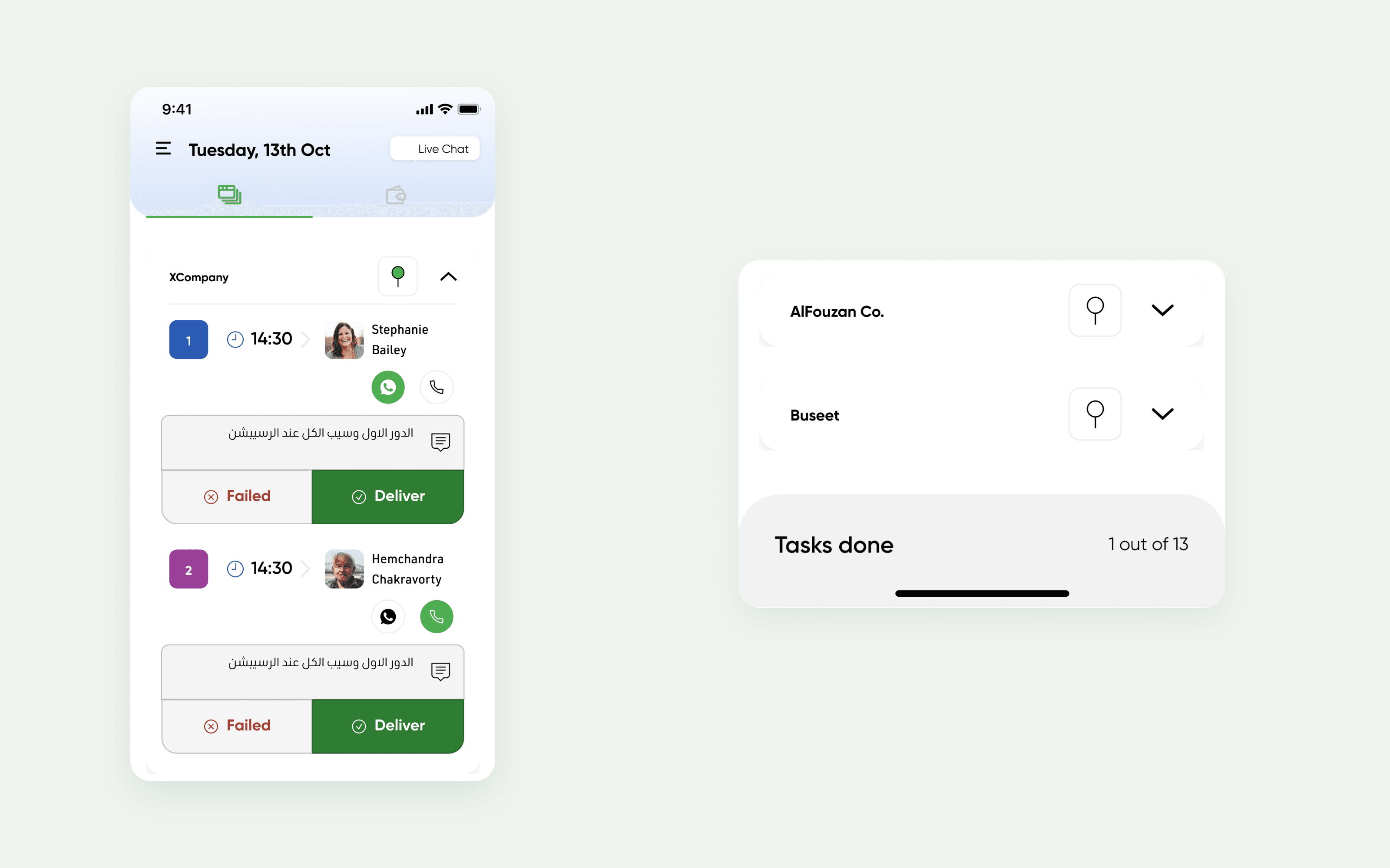 Company-grouped tasks and progress through the delivery day.