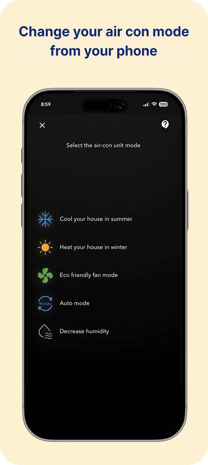 MyPlaceIQ App displaying air conditioning mode options such as cooling, heating, fan, auto and dehumidify.