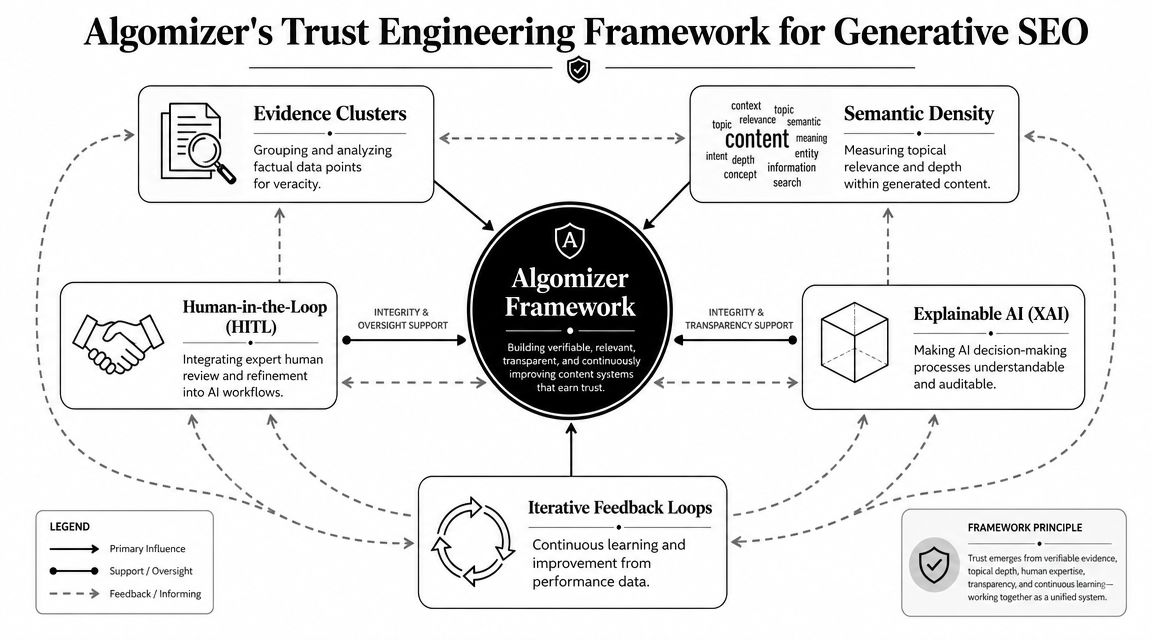 A diagram illustrating the Algomizer trust engineering framework for generative SEO, highlighting key components for content systems.