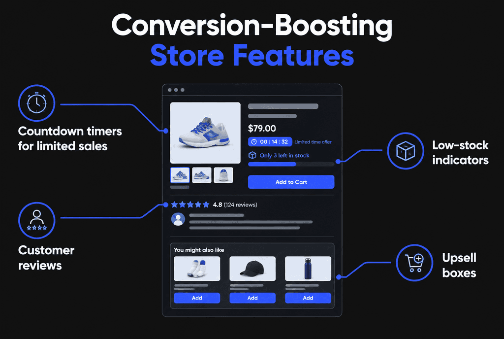 Infographic of a product page with conversion features: countdown timers for limited sales, low-stock indicators, customer reviews and upsell boxes
