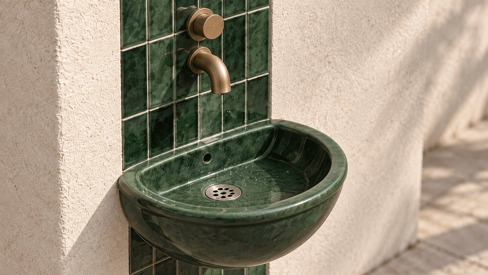 Dark green glazed ceramic bowl and tiles beside a warm-metal tap and mineral wall.