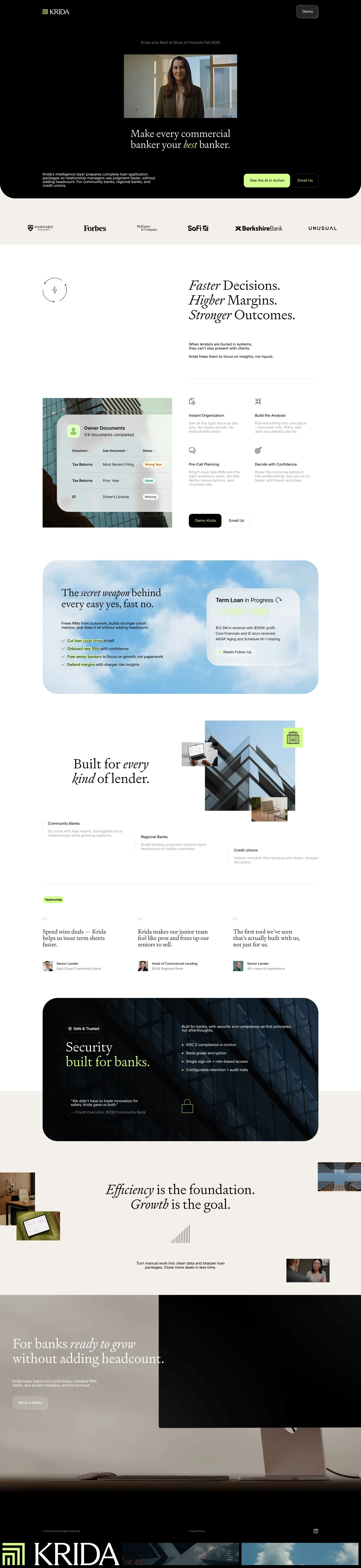 Krida landing page screenshot showcasing Finance and Tech design