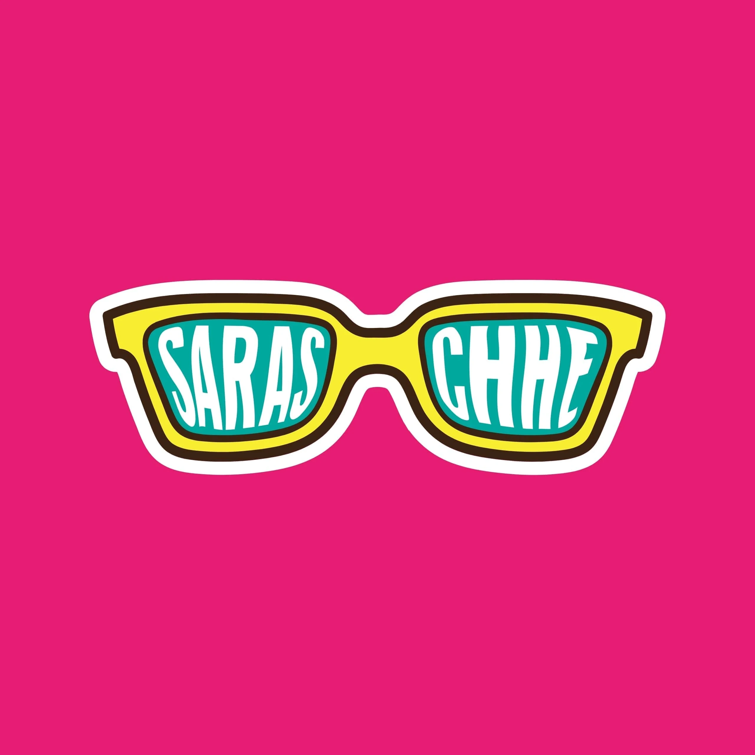 Retro yellow-framed sunglasses with teal lenses reading “SARAS CHIZZ,” centered on a vivid pink background, creating a playful, bold mood.