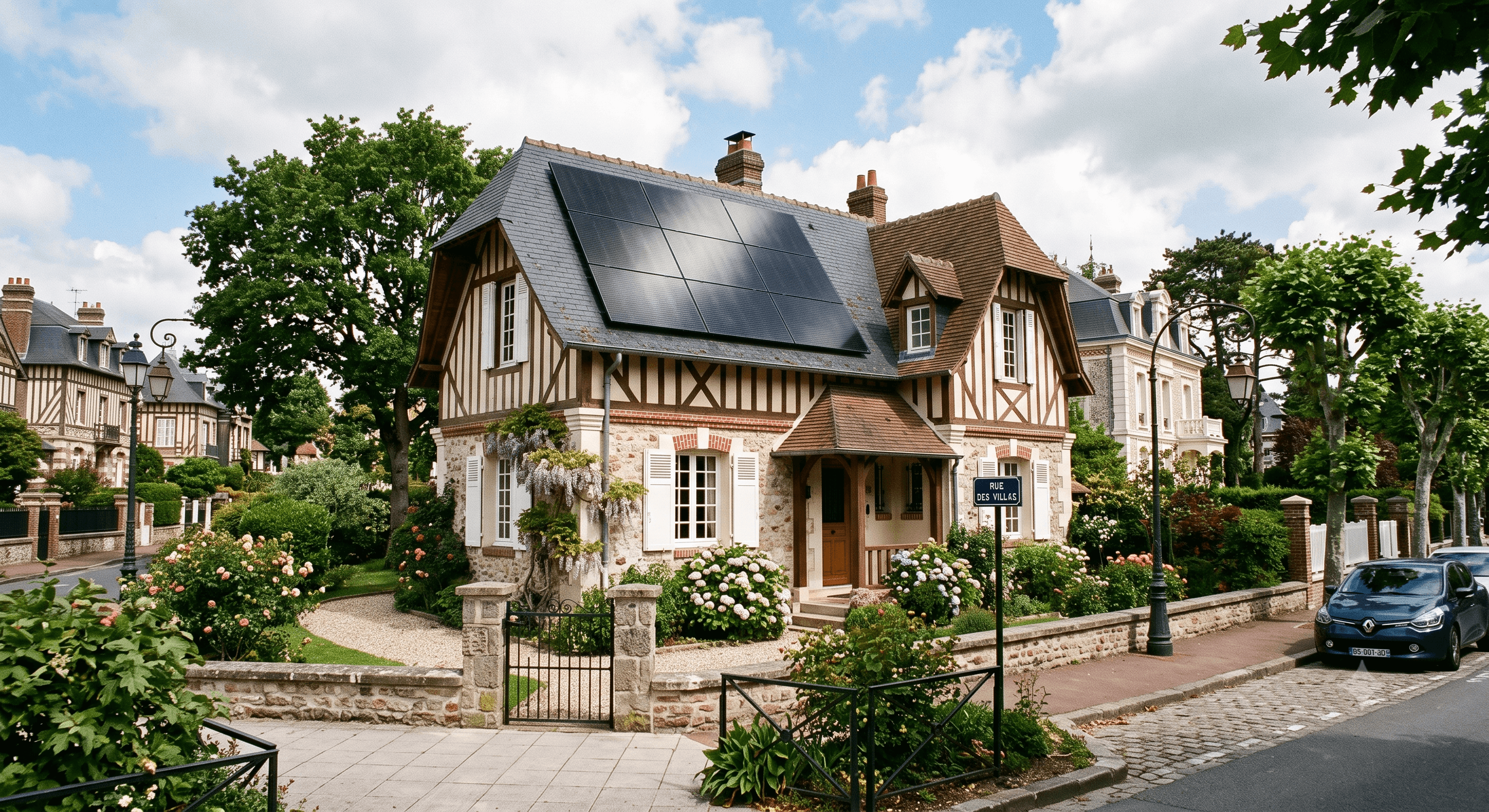Maison normande équipée de panneaux photovoltaïques sur la Côte Fleurie.
