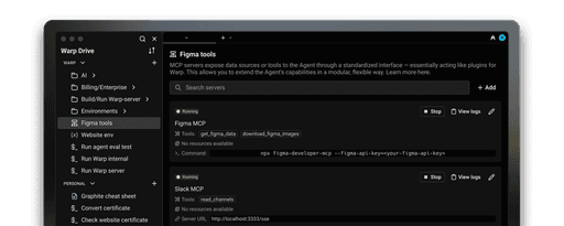 Warp Drive interface showing Figma and Slack MCP servers running, with available tools and commands for agent integration