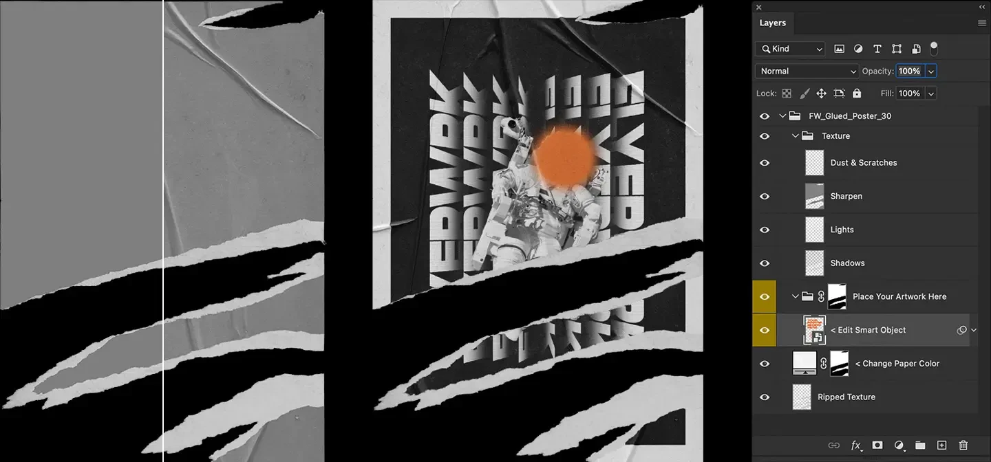 Photoshop layer controls for customizing glued poster textures and ripped paper effect