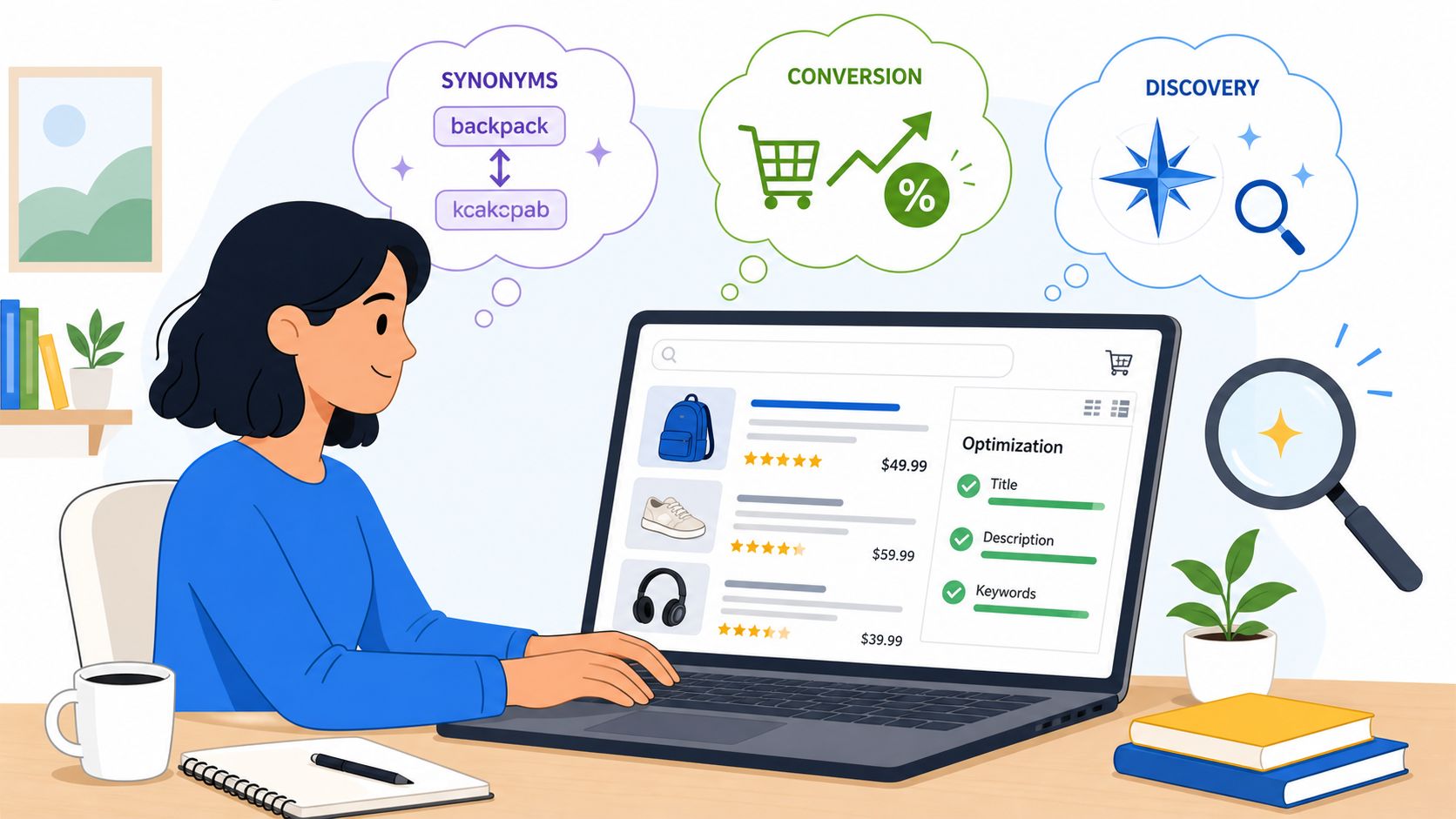 A woman working on a laptop, illustrating Amazon SEO concepts like synonyms, conversion, and product discovery.