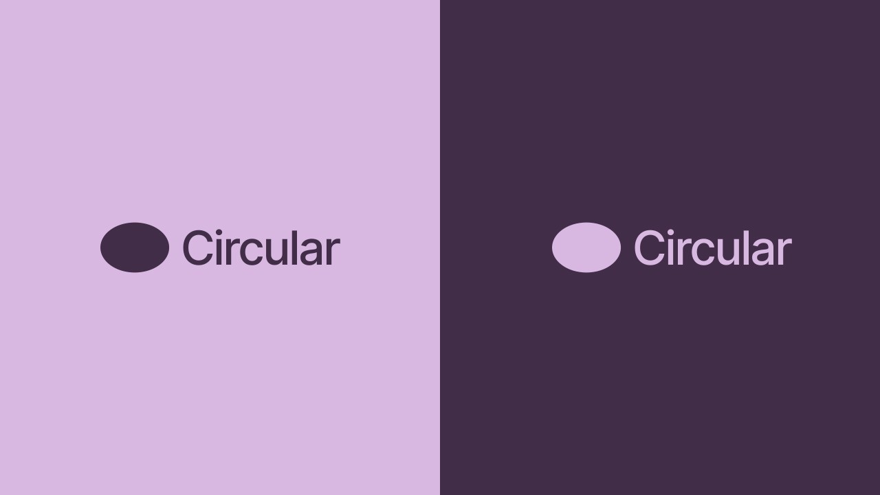 Split-screen graphic: left side lilac, showing a dark pill icon with black “Circular” text; right side deep purple, showing a light lilac pill icon with light-coloured “Circular” text.