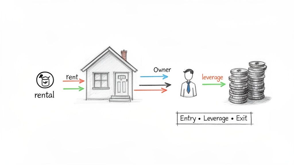 A diagram illustrating the flow of real estate investment, from rental to owner, leverage, and financial gains, highlighting the Entry, Leverage, and Exit stages.