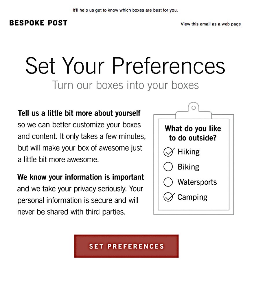 Bespoke Post email encouraging customers to set preferences for a personalised shopping experience