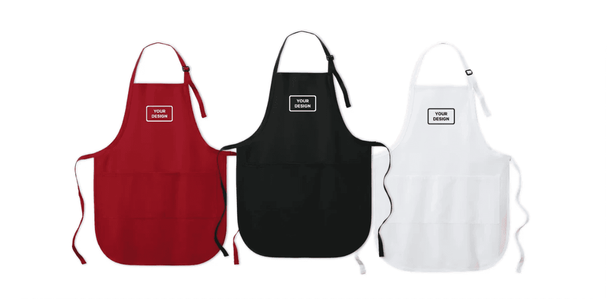 red, black and white Full-length branded apron for corporate and hospitality use