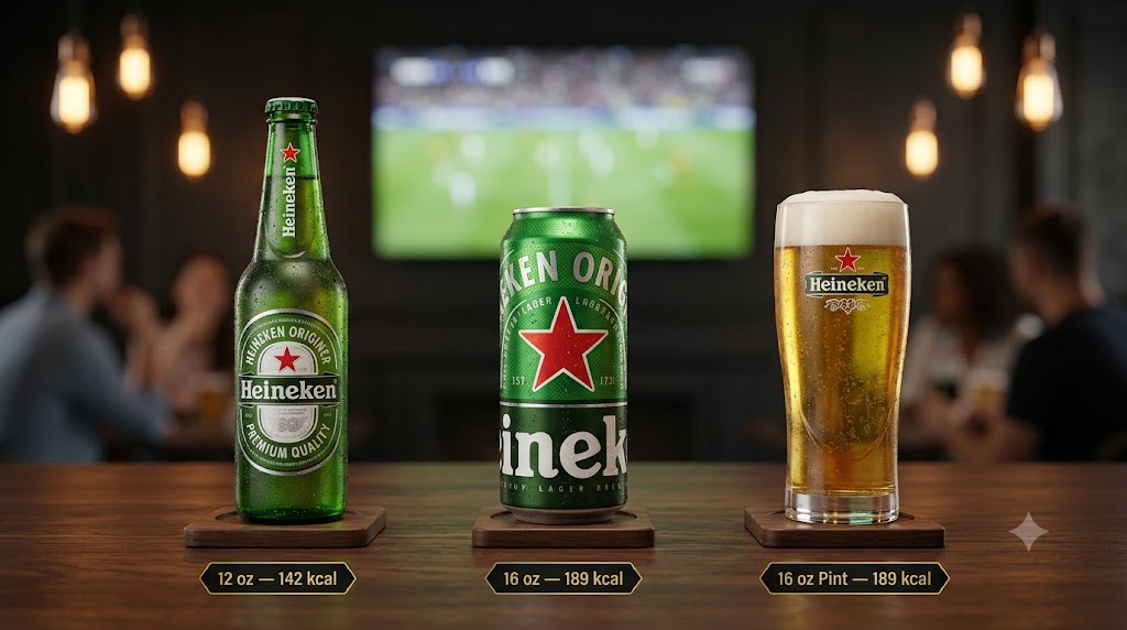 A visual calorie comparison of Heineken original beer options on a bar top: a 12oz bottle (142 kcal), a 16oz can (189 kcal), and a 16oz pint glass (189 kcal), with a sports game in the background.