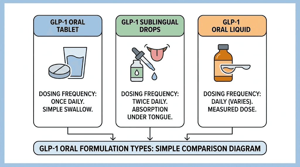 GLP-1 oral liquid formulation types and their dosing frequencies compared