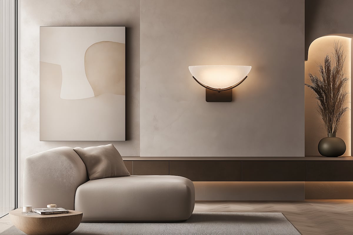 A minimalist living room featuring a curved, cream-colored lounge chair and a large abstract painting in neutral earthy tones. A frosted glass crescent wall sconce casts a warm glow over a dark wood floating console, while a small arched alcove to the right displays tall dried pampas grass in a dark vase. The space is finished with herringbone wood flooring, a textured grey rug, and soft, natural light entering from the left.