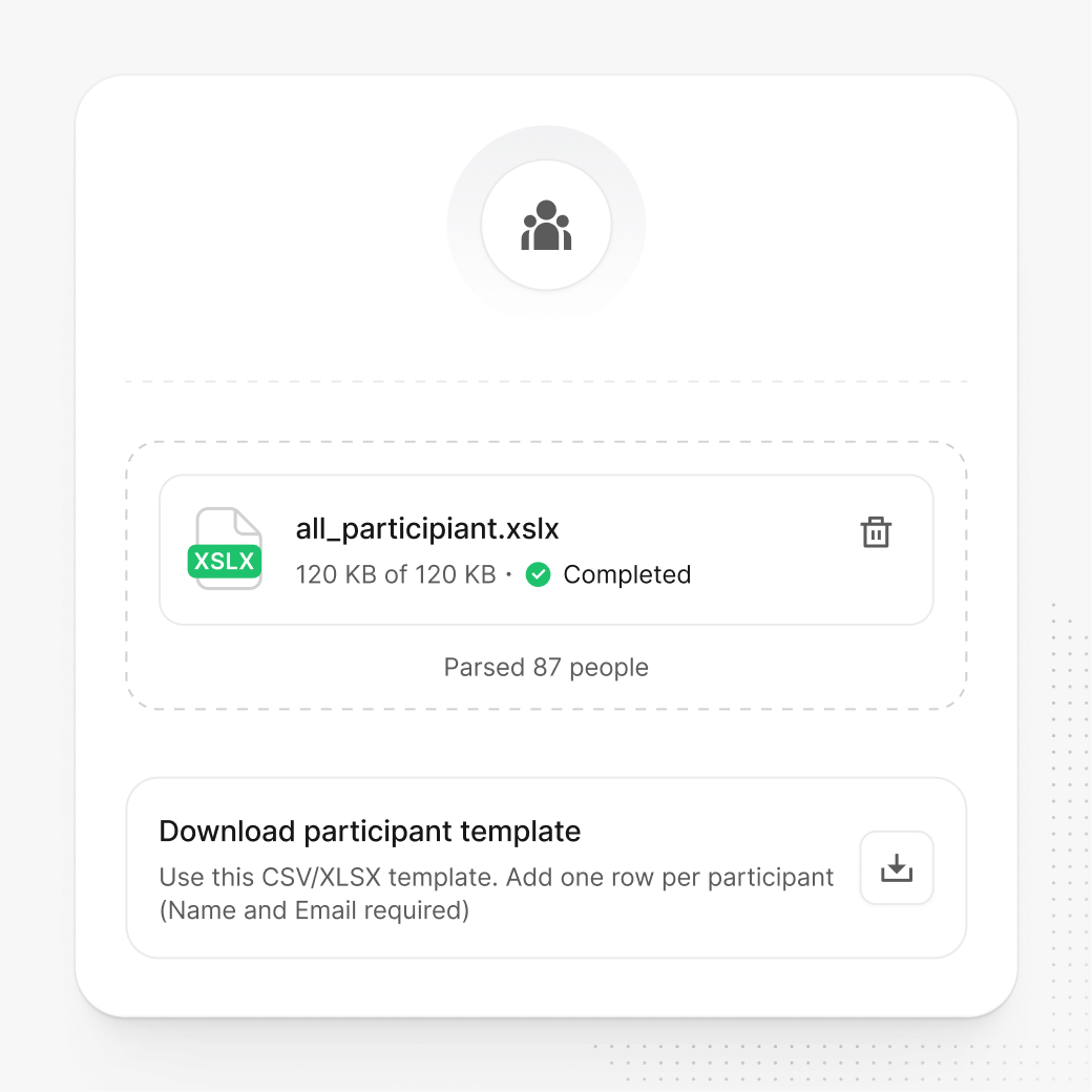 Participant pool screen showing an XLSX file upload completed, the number of people parsed, and a card to download a participant template.