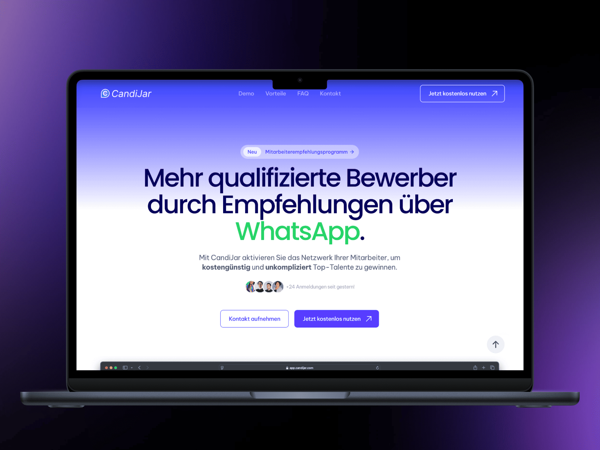 Optimaler Allrounder (Empfehlung):Macbook Mockup zeigt Website-Design für B2B Startup "CandiJar" von Webnity-X Framer Agentur.