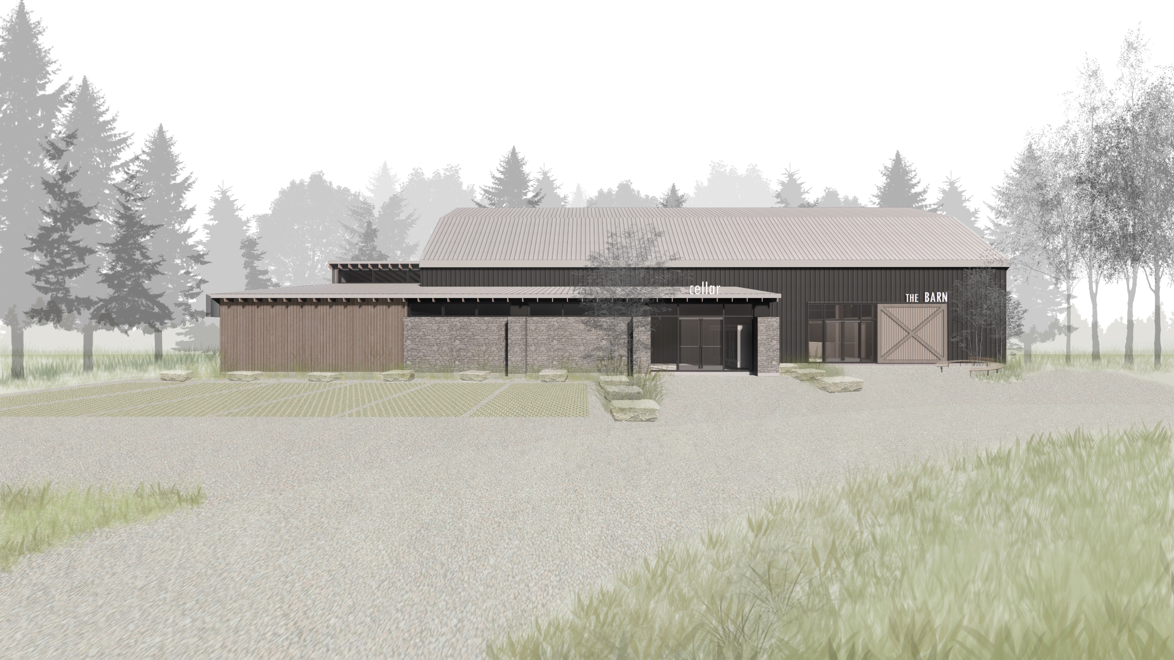Long timber clad brewery volume in an open landscape