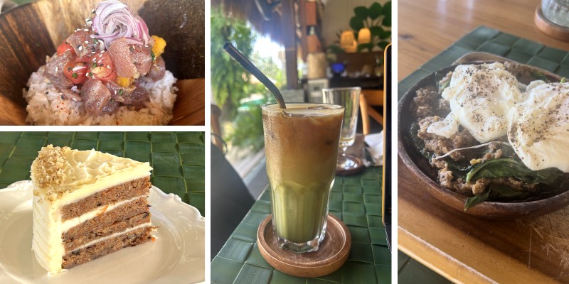 Collage of images of a poke bowl, carrot cake, dirty Matcha in Las Palmas