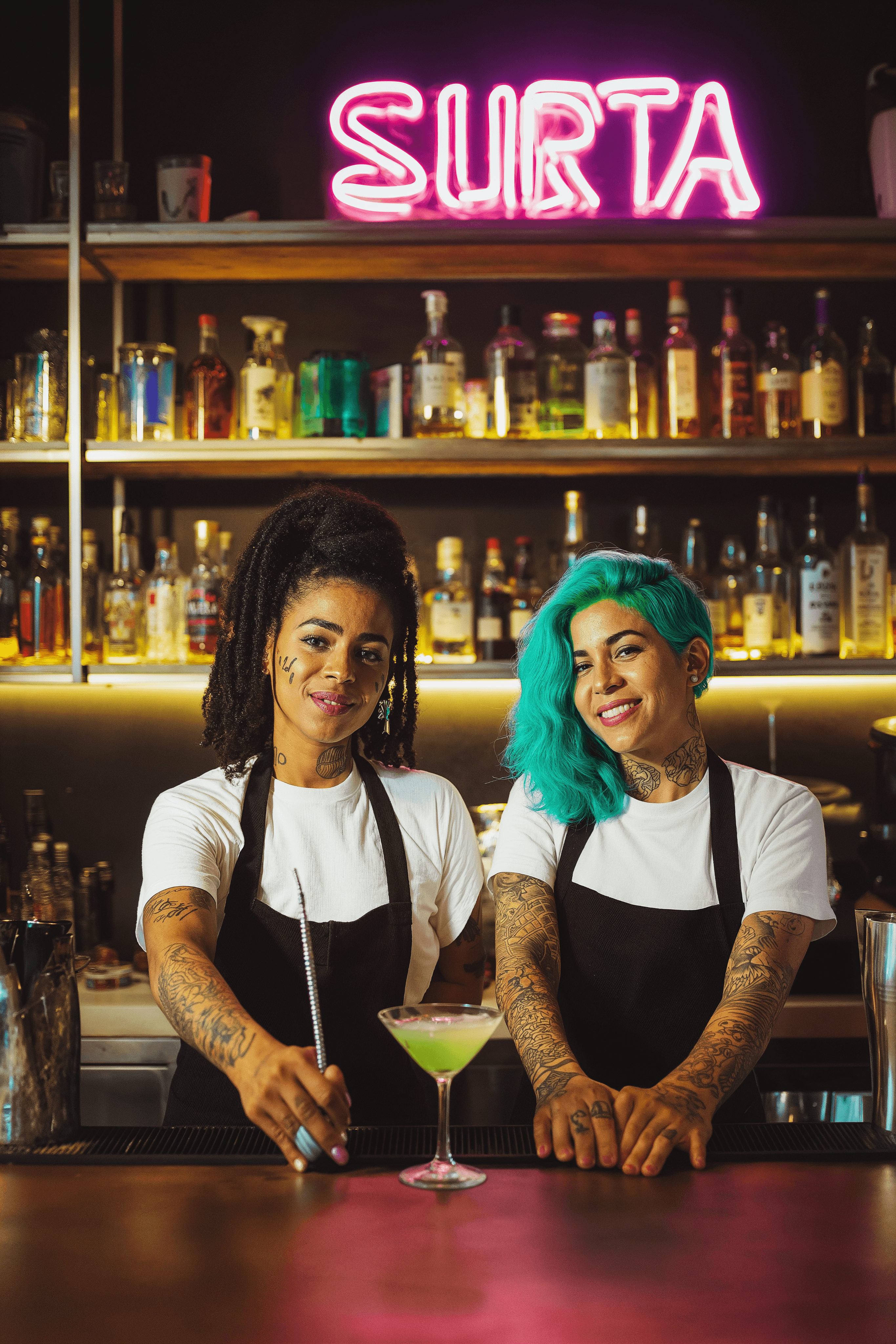 duas pessoas em um bar usando avental personalizado preto