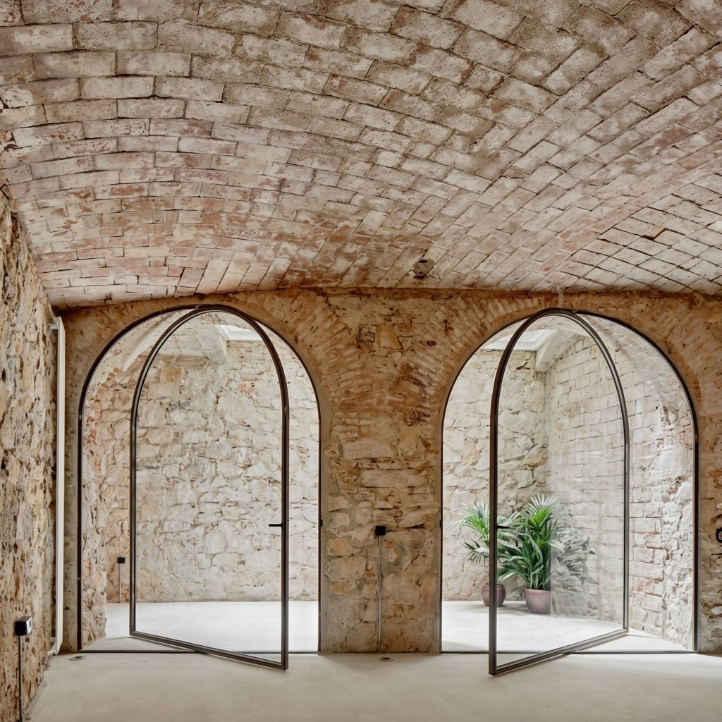 Rustic stone interior featuring a vaulted brick ceiling and two modern arched steel-framed glass doors.