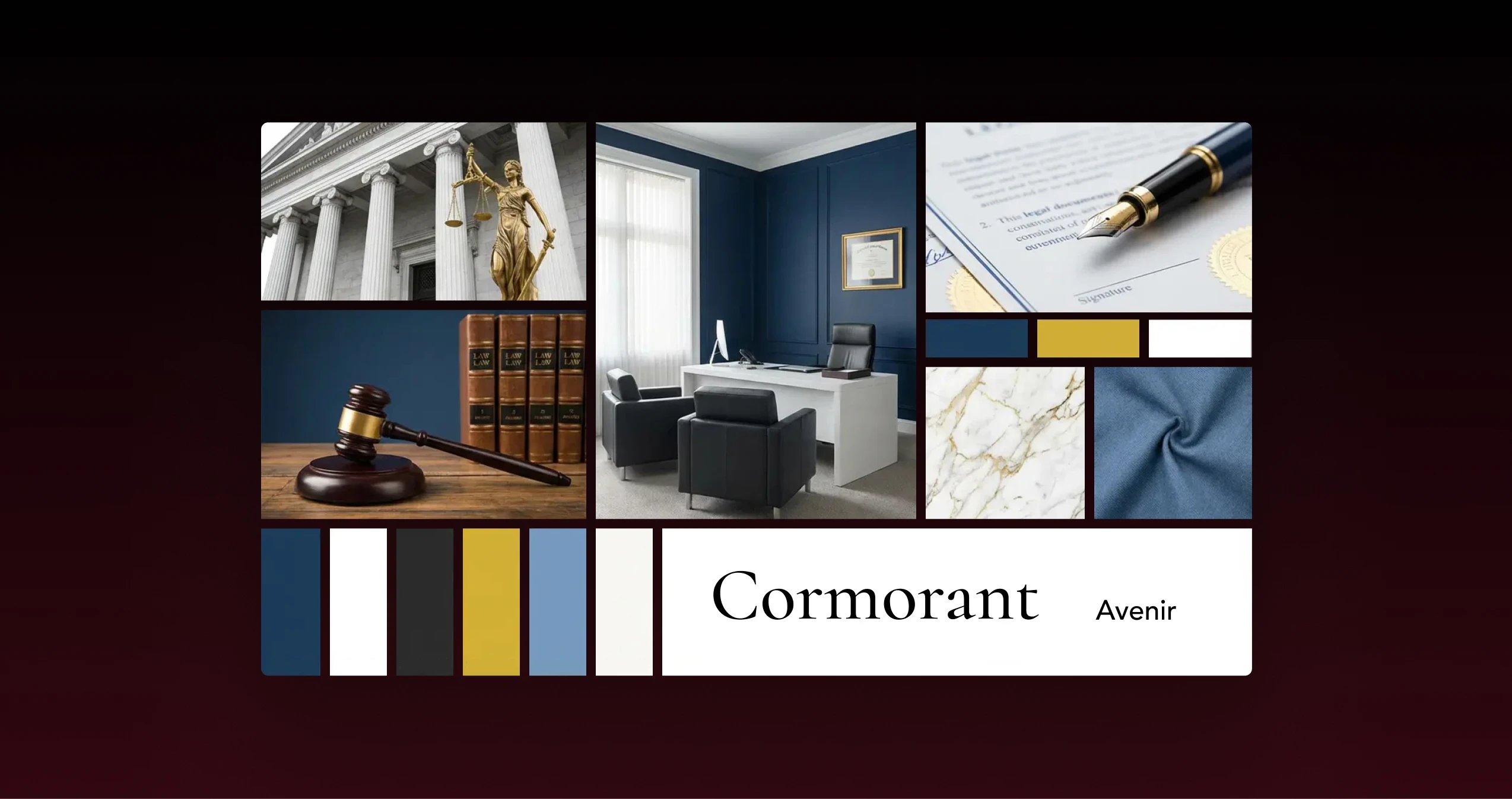 Moodboard de la direction artistique : univers juridique, palette bleu nuit et or, typographies Cormorant et Avenir