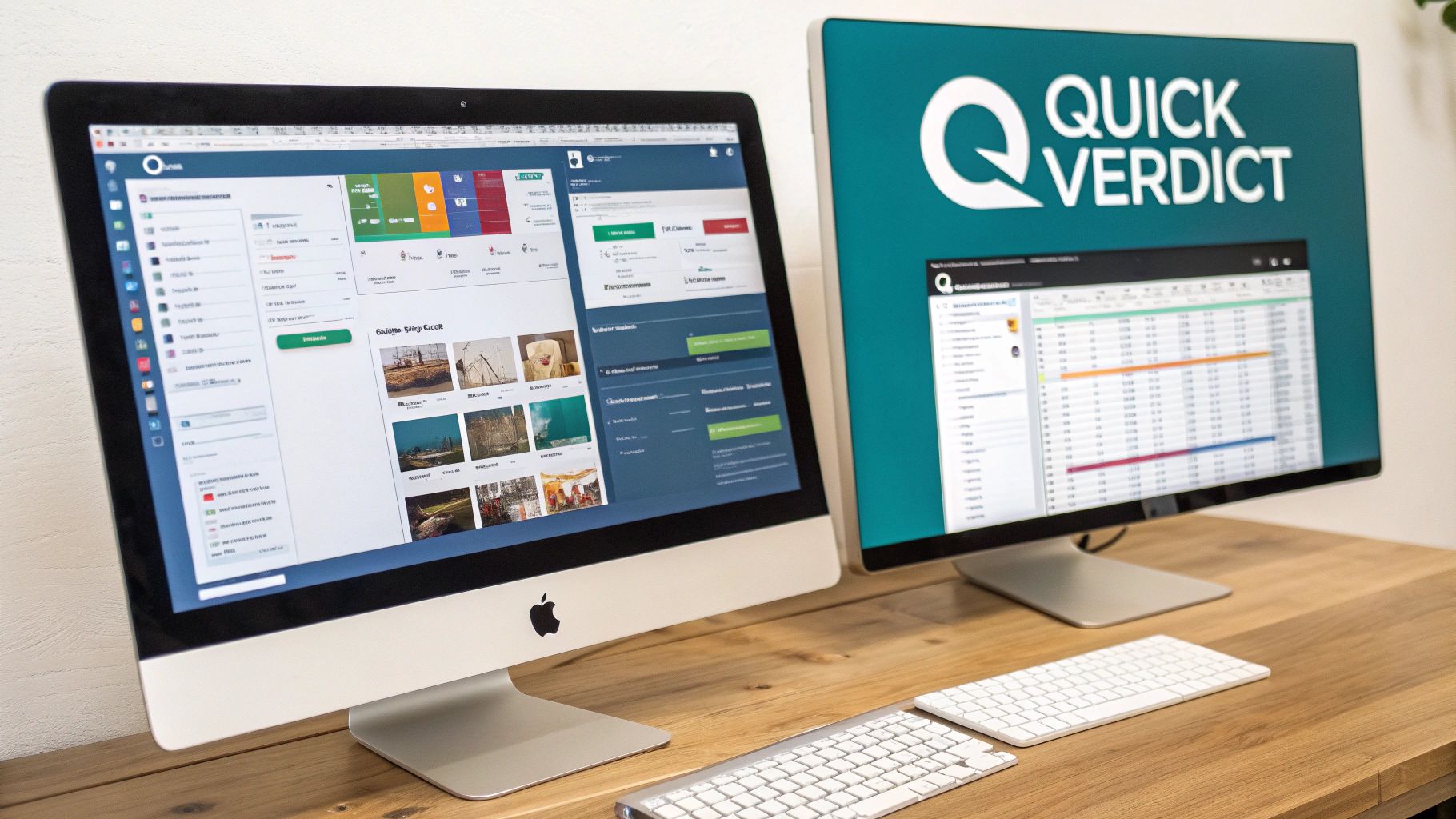 Two computer monitors on a wooden desk displaying web applications and spreadsheets with keyboards.