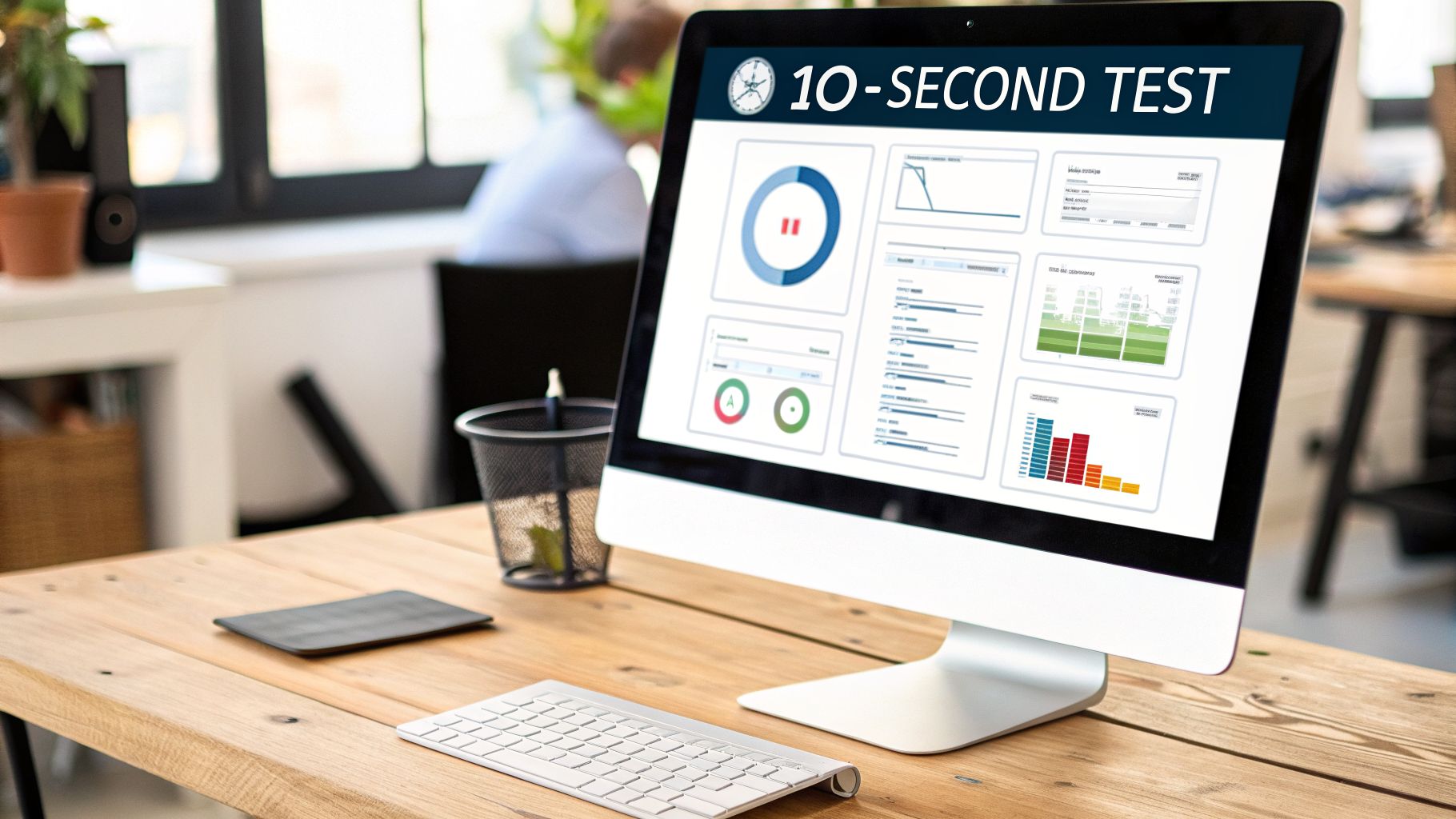 A computer monitor on a wooden desk displaying a data analytics dashboard with various charts and graphs.