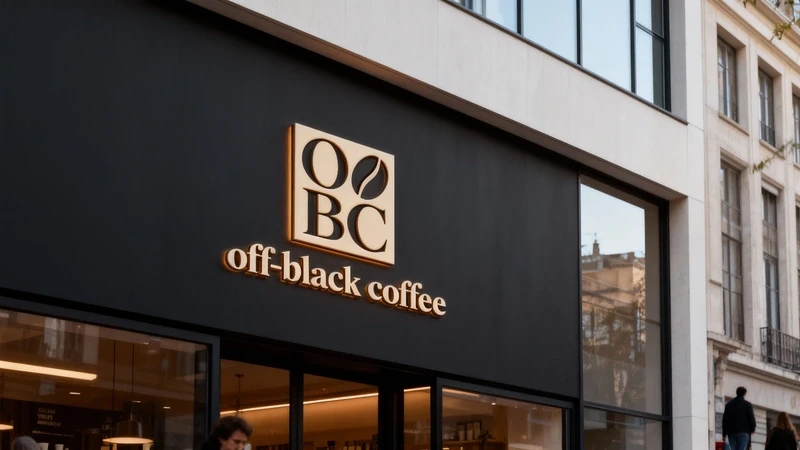A storefront features a black facade with a gold "OBC off-black coffee" logo and a coffee bean icon.