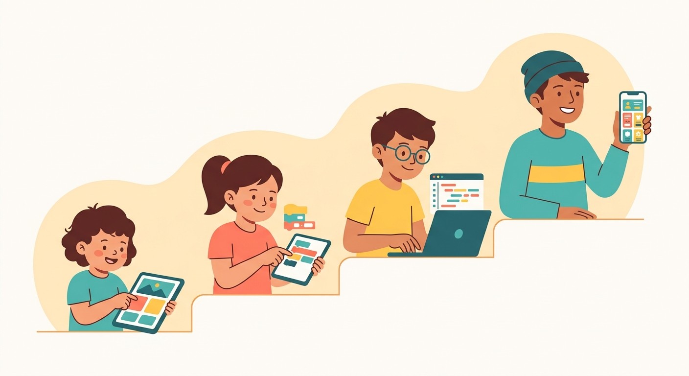 Illustration of children of different ages learning app development, from simple block coding to building real apps