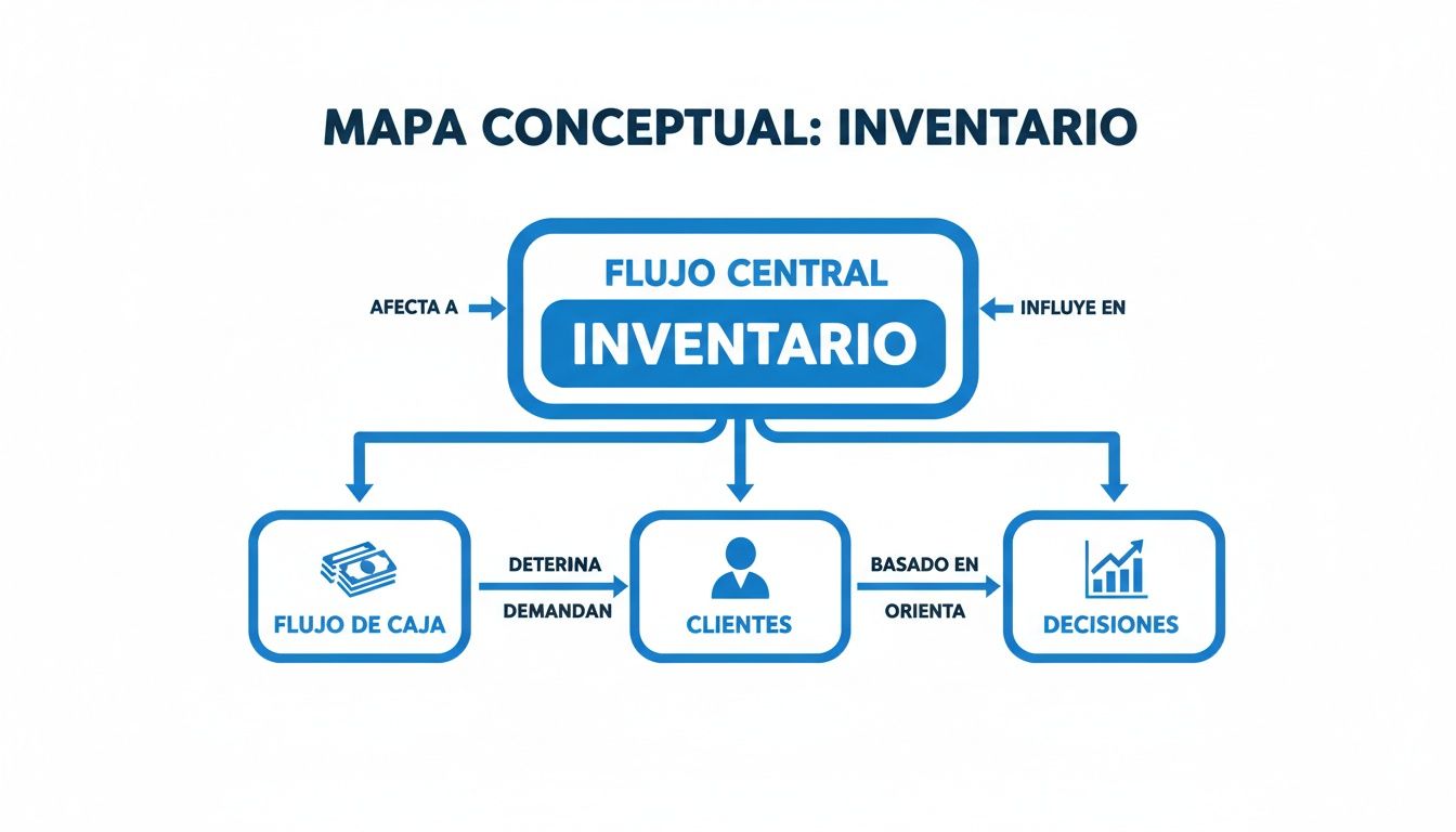Mapa conceptual que describe el inventario como flujo central, afectando el flujo de caja e influyendo en decisiones basadas en clientes.