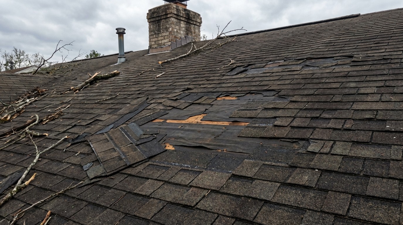 Roof storm damage showing missing shingles and exposed underlayment after weather event