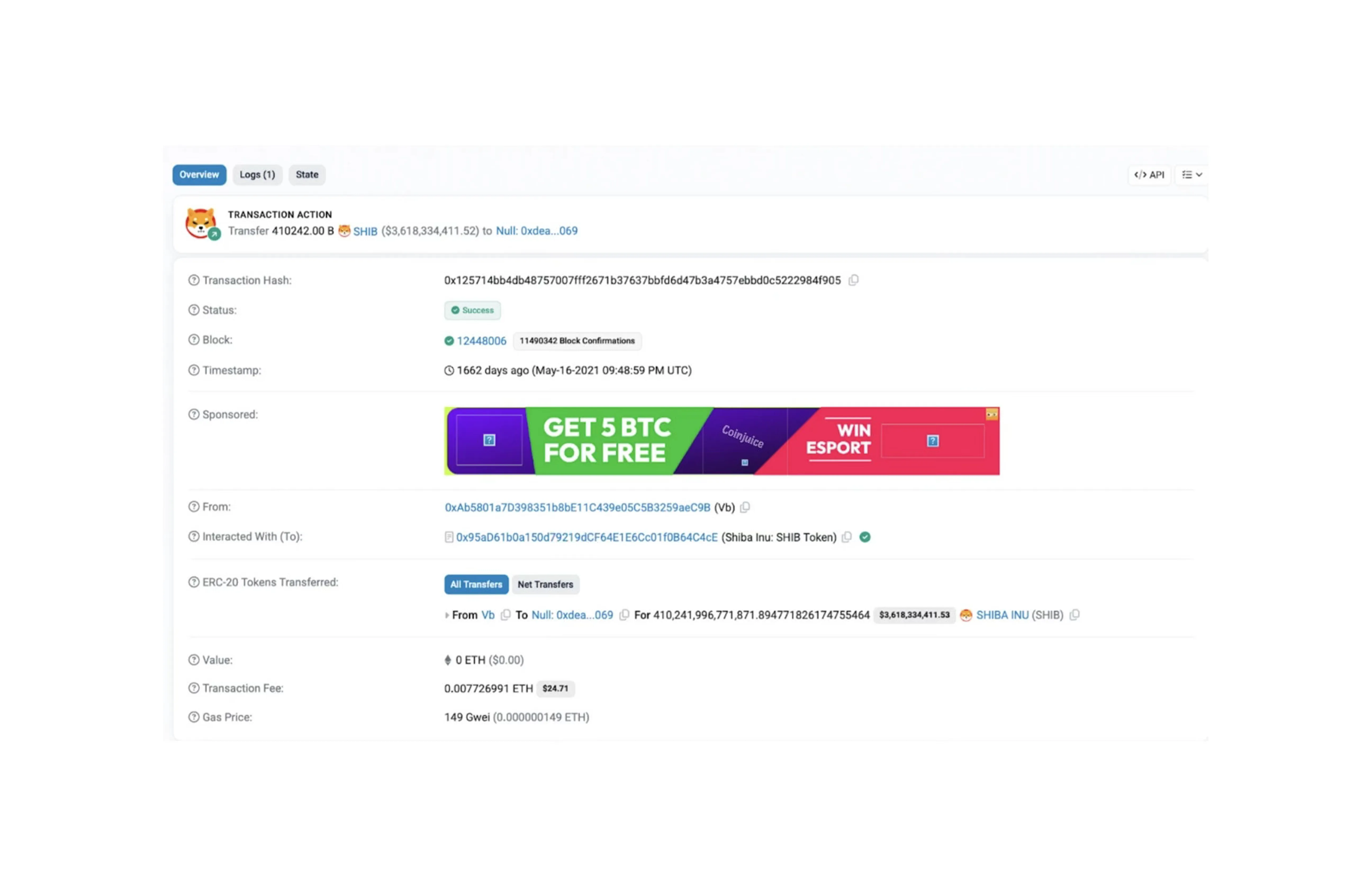 Vitalik Buterin burn of 410 Trillion SHIB tokens