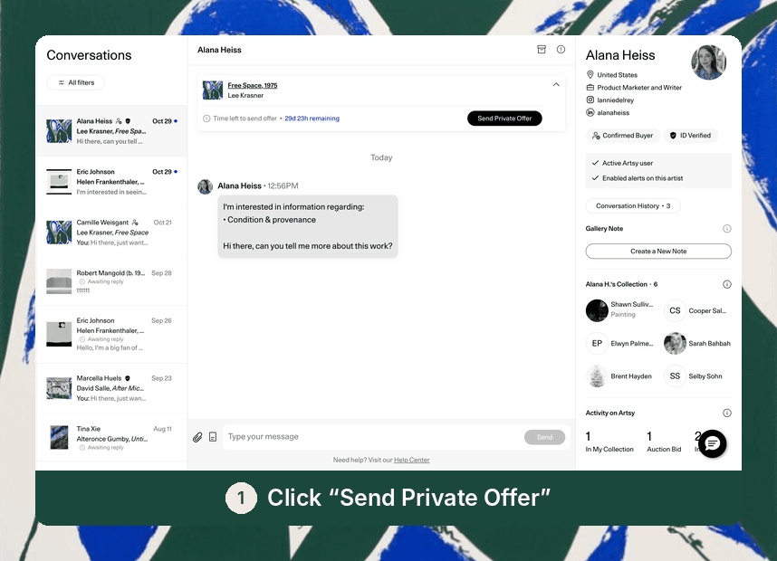 Animated demo of Artsy's Offers in Conversations feature, showing a gallery sending a private offer directly to a collector from within a conversation