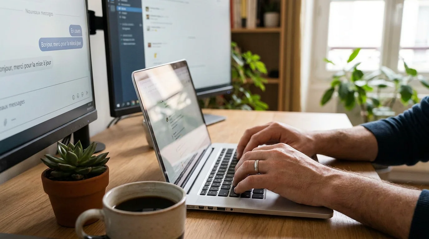 Mains tapant sur un ordinateur portable avec un écran de chat flou en arrière-plan, symbolisant le chatting professionnel sur OnlyFans
