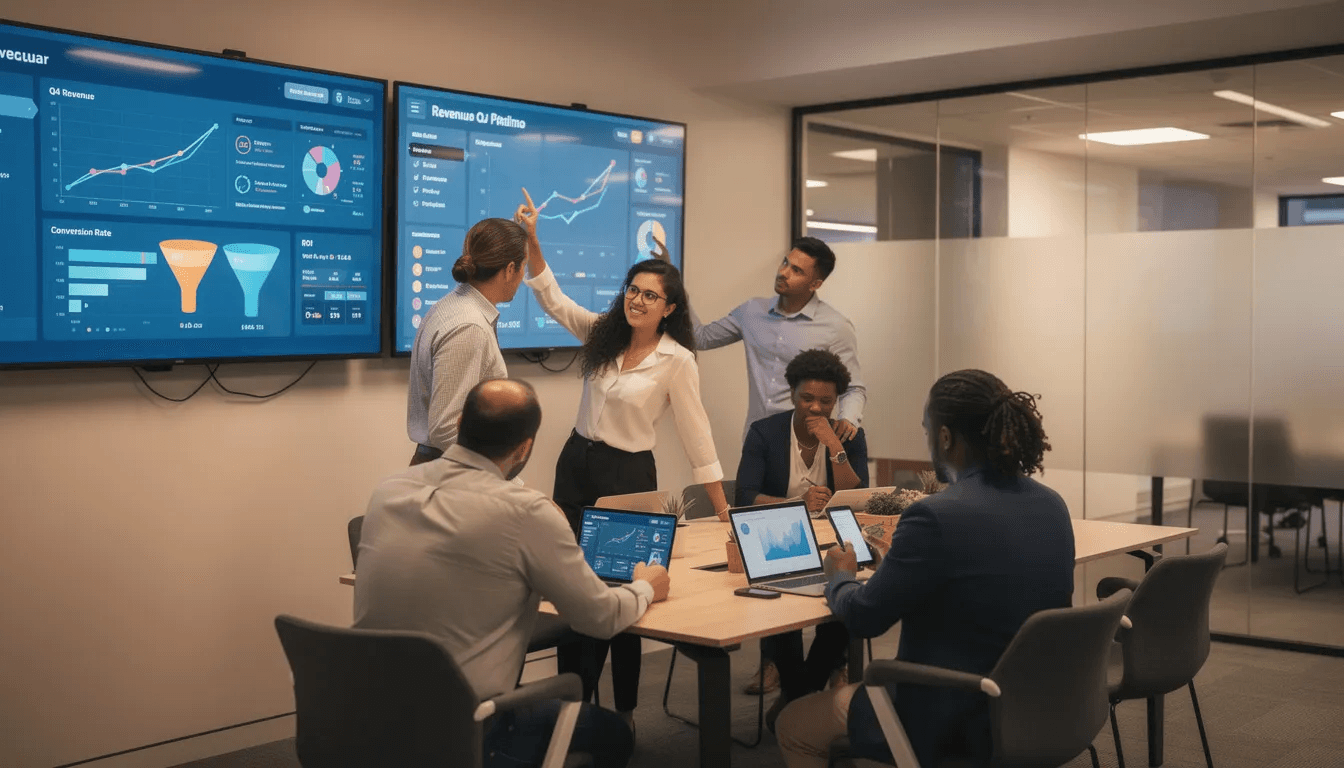 Ein B2B-Marketingteam analysiert Umsatzdaten auf mehreren Bildschirmen, während sie Strategien zur Umsatzsteigerung und Marketingmaßnahmen diskutieren. Die Darstellung umfasst verschiedene Diagramme und Tabellen, die wichtige Leistungskennzahlen (KPIs) und Trends im Revenue Marketing verdeutlichen.