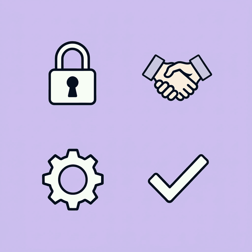 Four icons representing collaboration, security, integration, and compliance arranged in a grid