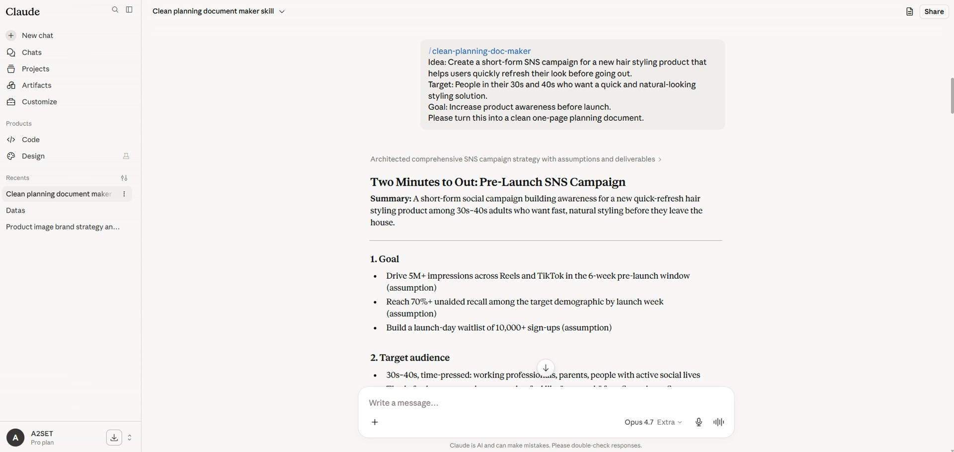 Image caption: The Skill turns a rough idea into a structured planning document that is easier to review visually.