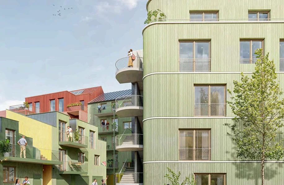 Isometrische Zeichnung eines Bauprojekts mit mehreren Gebäuden und markierten Strukturen in Rot