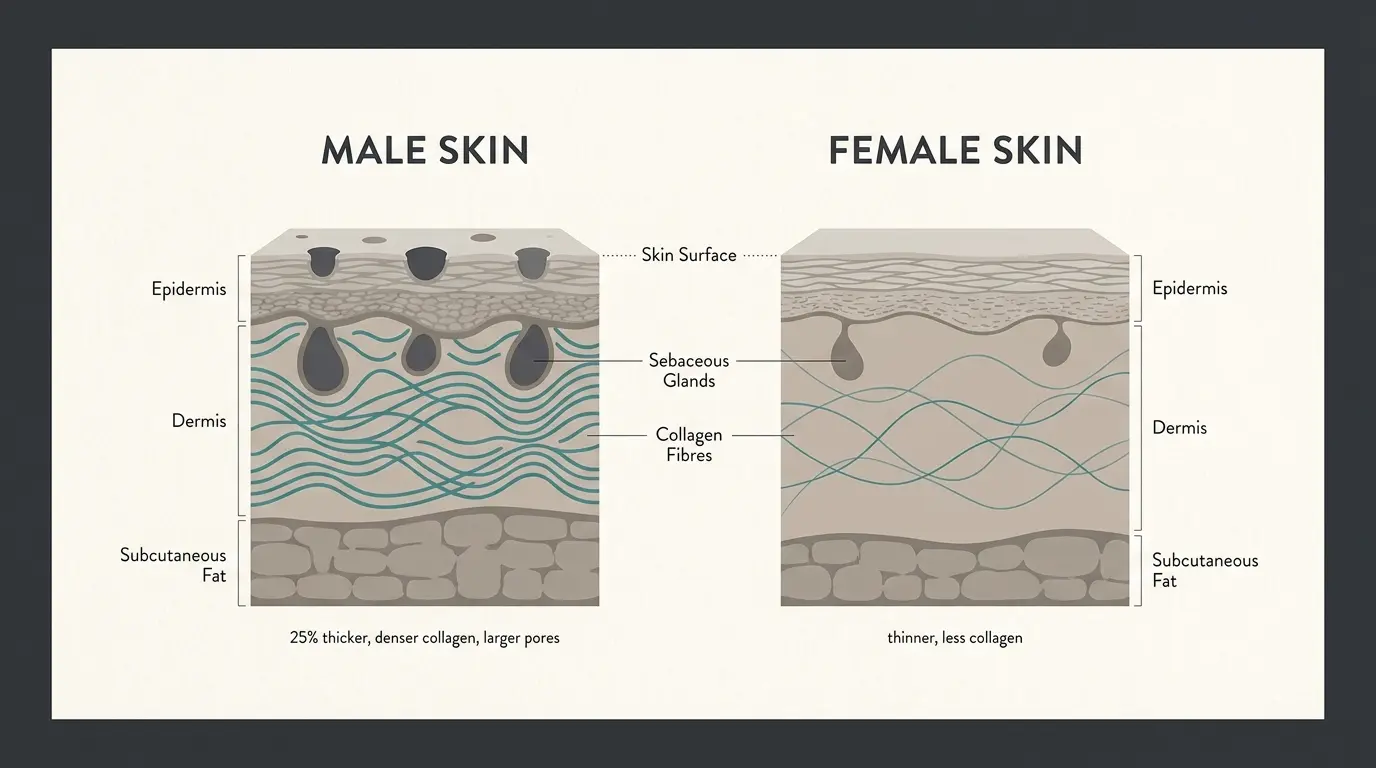 Cross-section diagram showing male skin is thicker with denser collagen and larger pores than female skin.